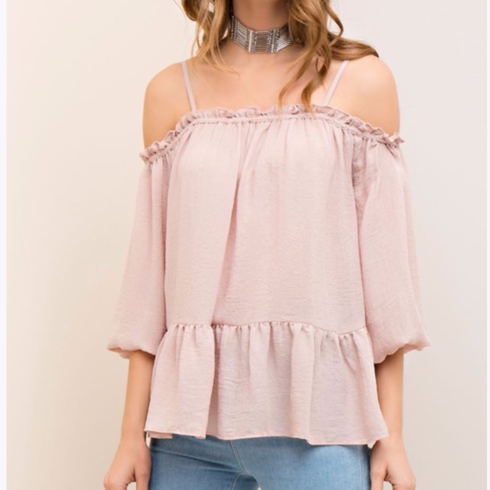 Pale Pink Off the Shoulder Crepe Ruffle Top
